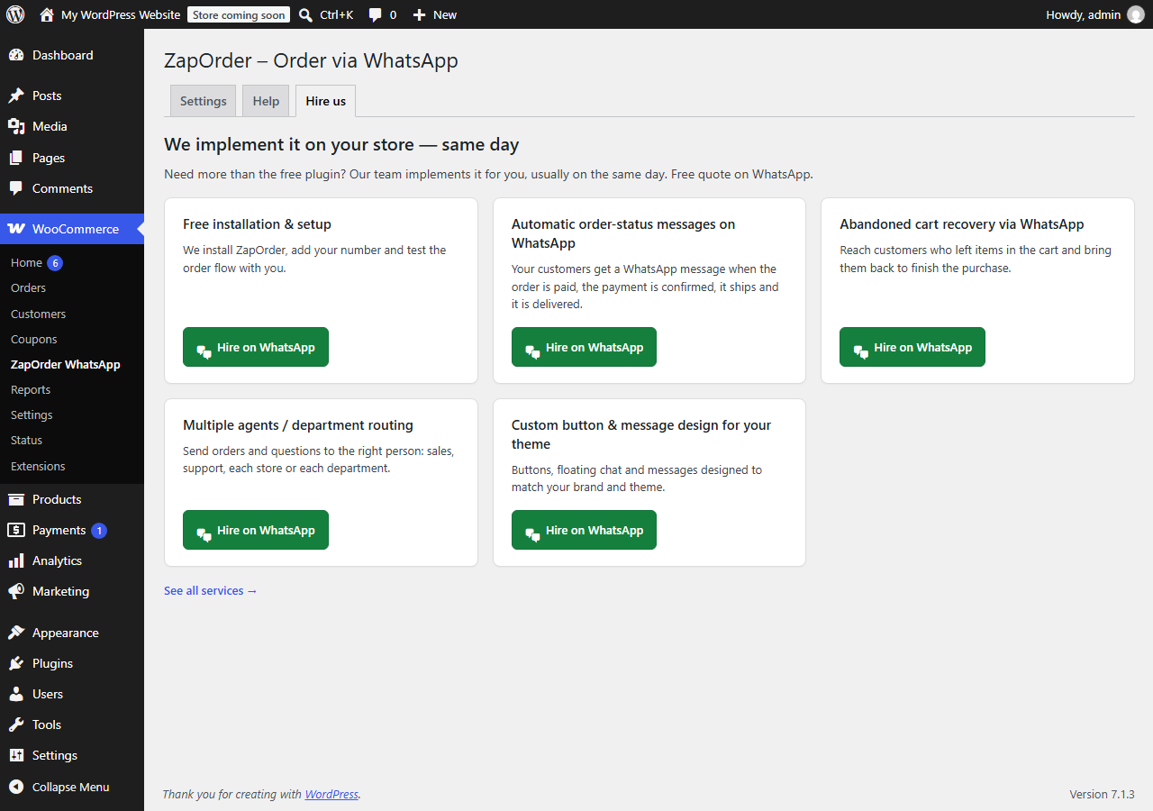 Hire us tab: free installation and implementation services on WhatsApp.