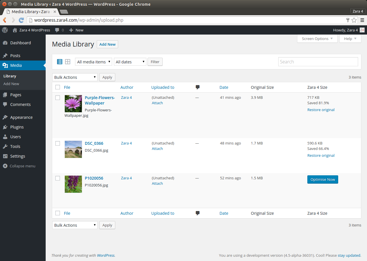 This screenshot shows the WordPress Media Library with the two columns added by Zara 4. From here you can optimise and restore individual images.