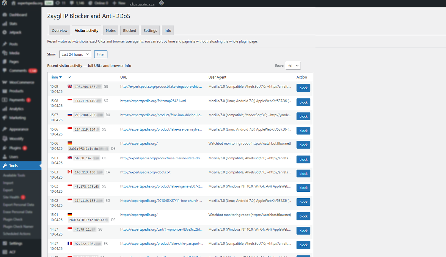 Recent requests table