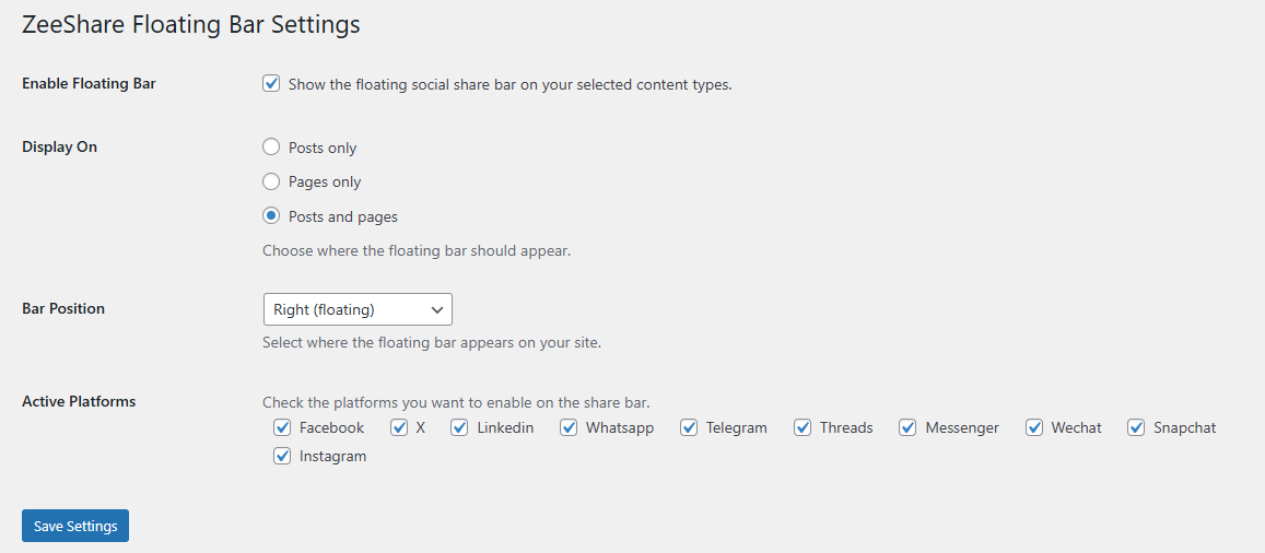 ZeeShare admin settings page