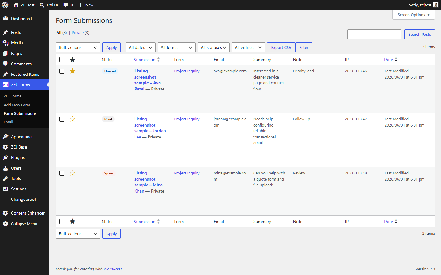 The stored submissions dashboard with status, starring, search, and CSV export.