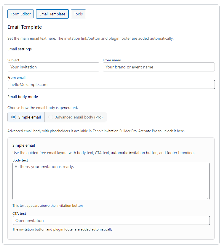 Email Template tab with the built-in email layout and email settings.