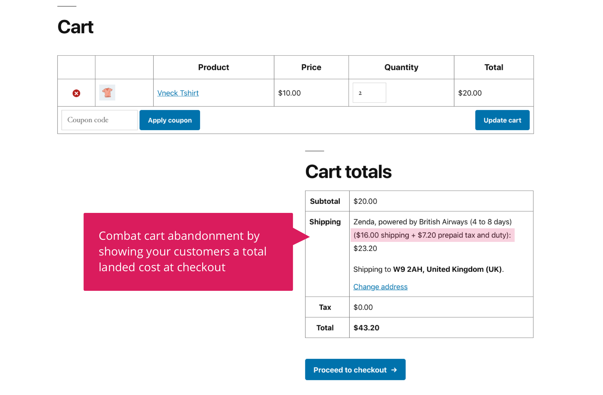 Desktop view of checkout page showing Zenda shipping rate, including taxes and duties.