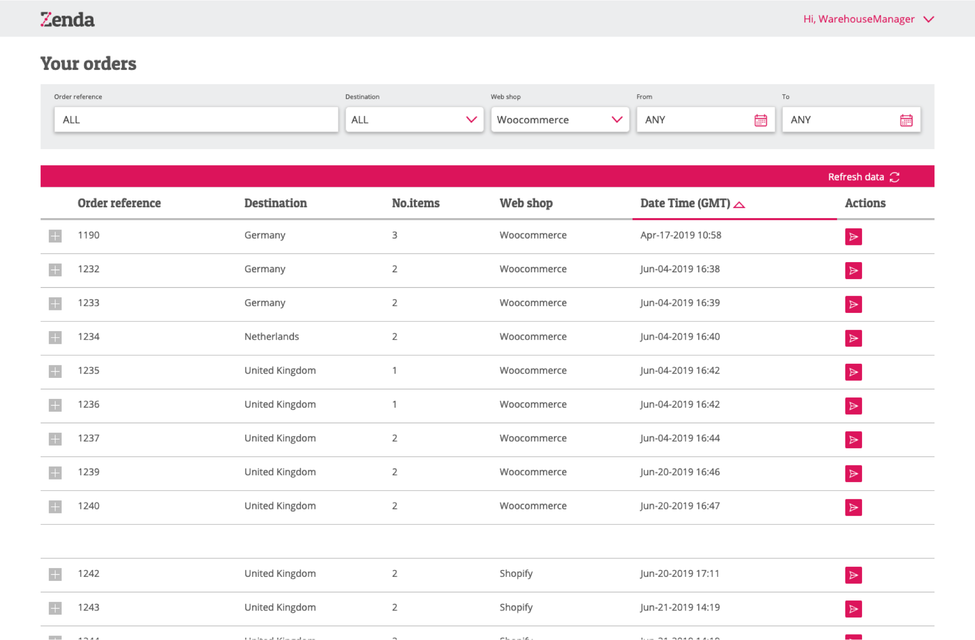 Zenda Orders page