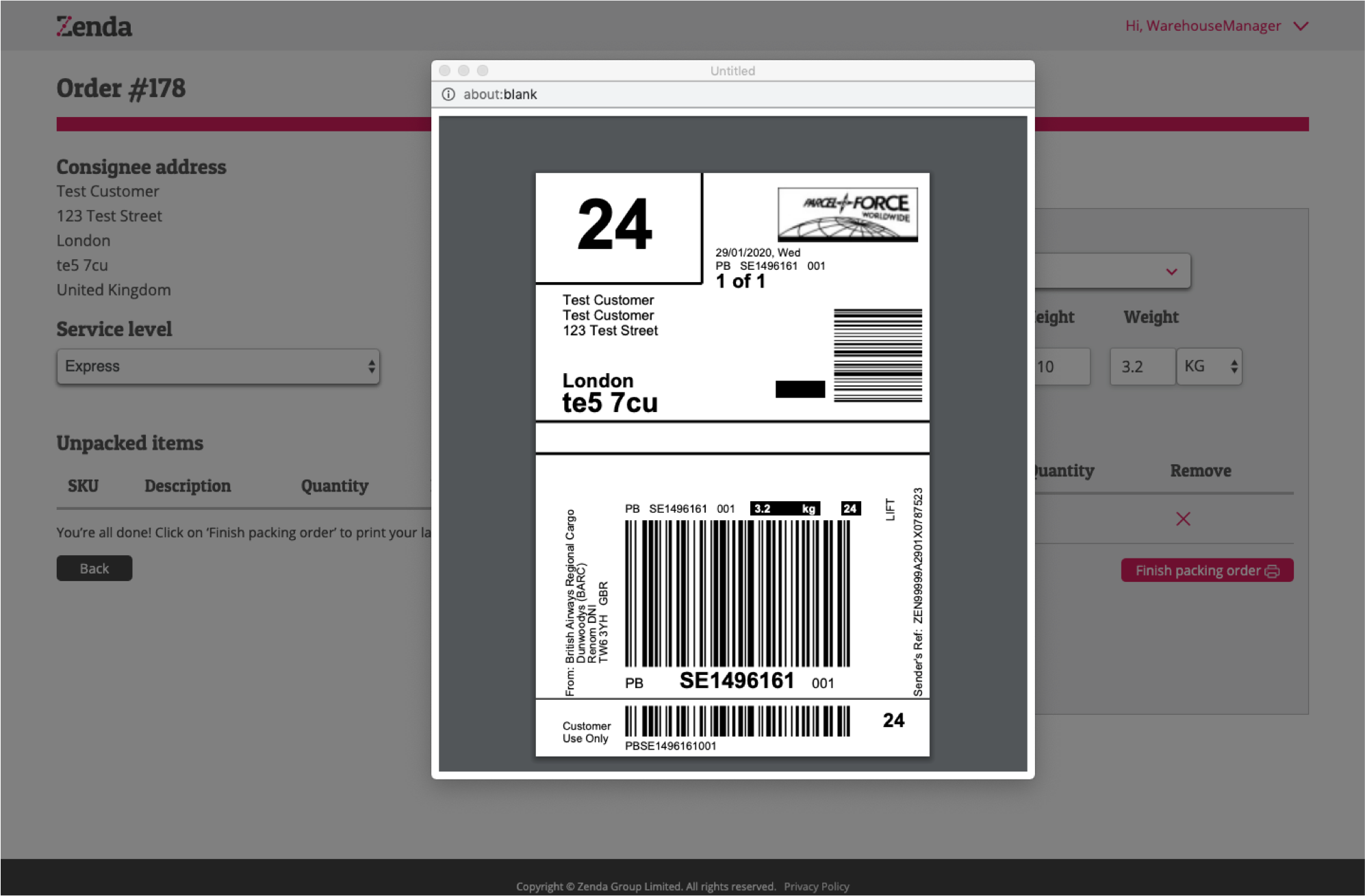 Zenda shipping label