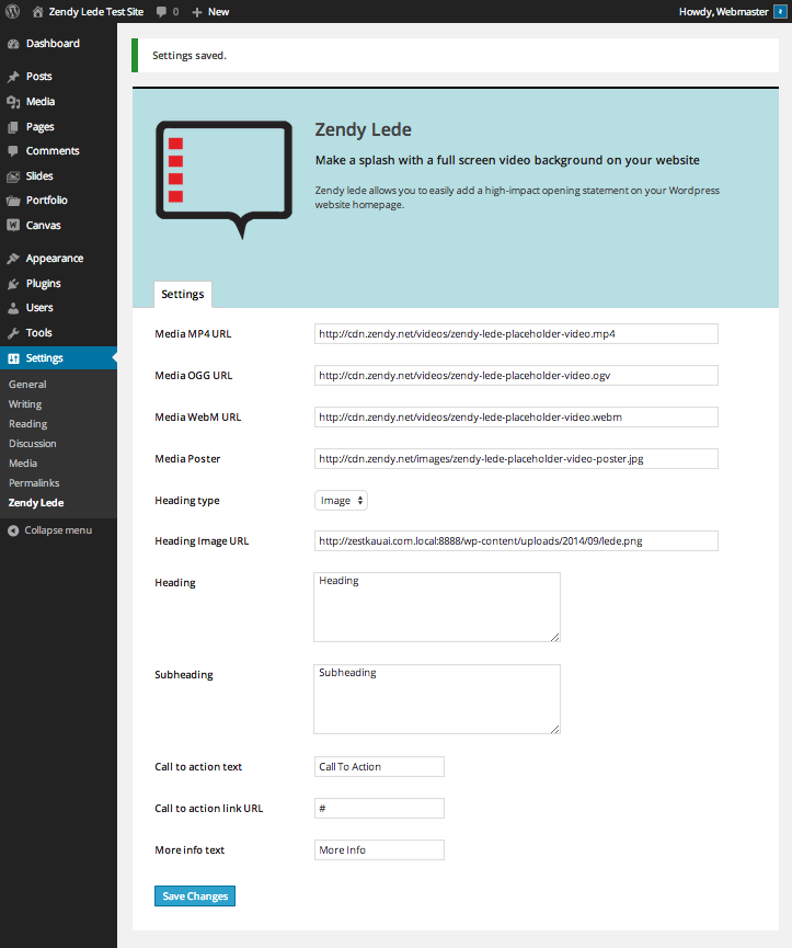 The settings page