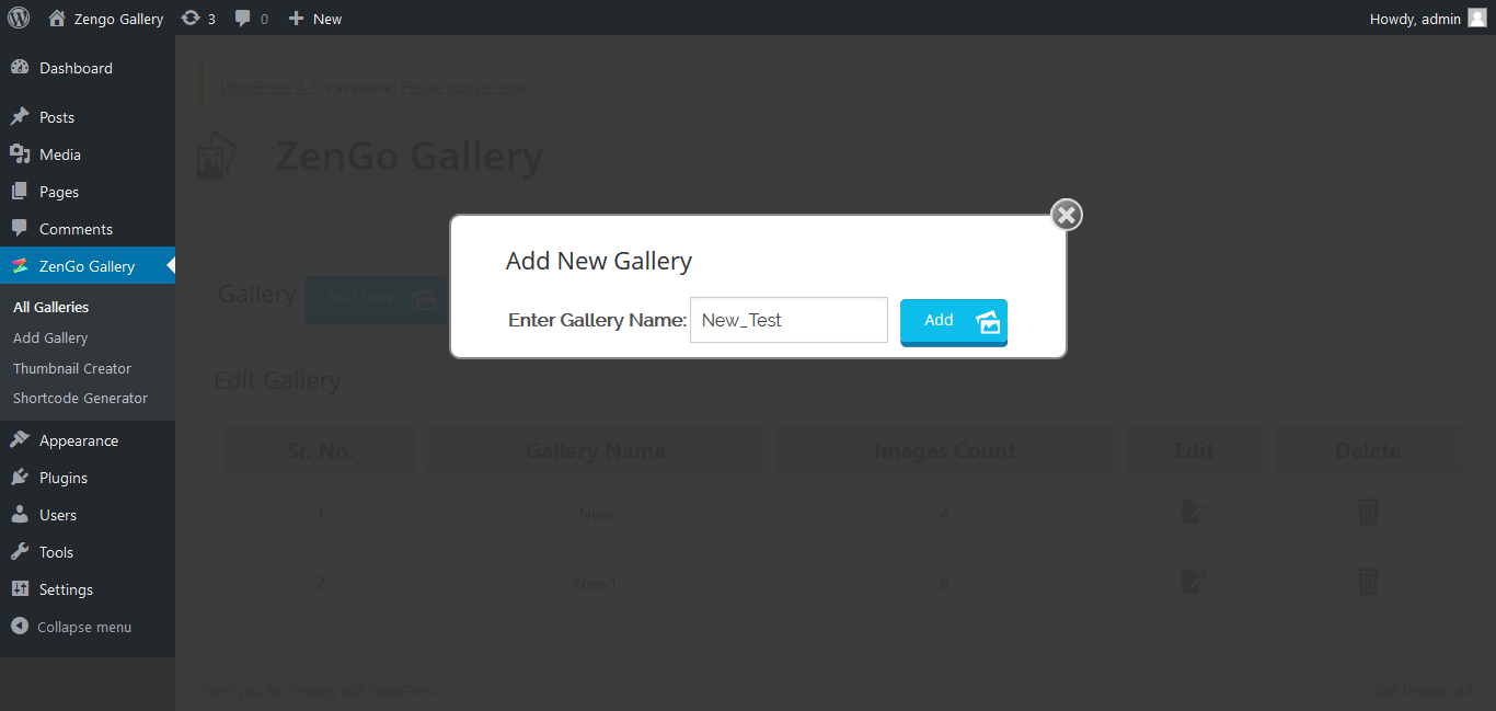 Add New Gallery popup