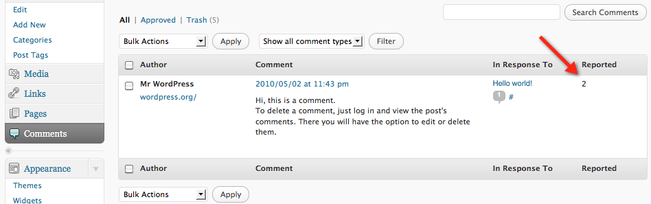 Amount of reports per comment is shown in comments administration screen.