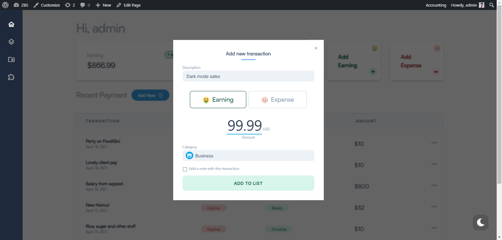Adding a Earning or Expense