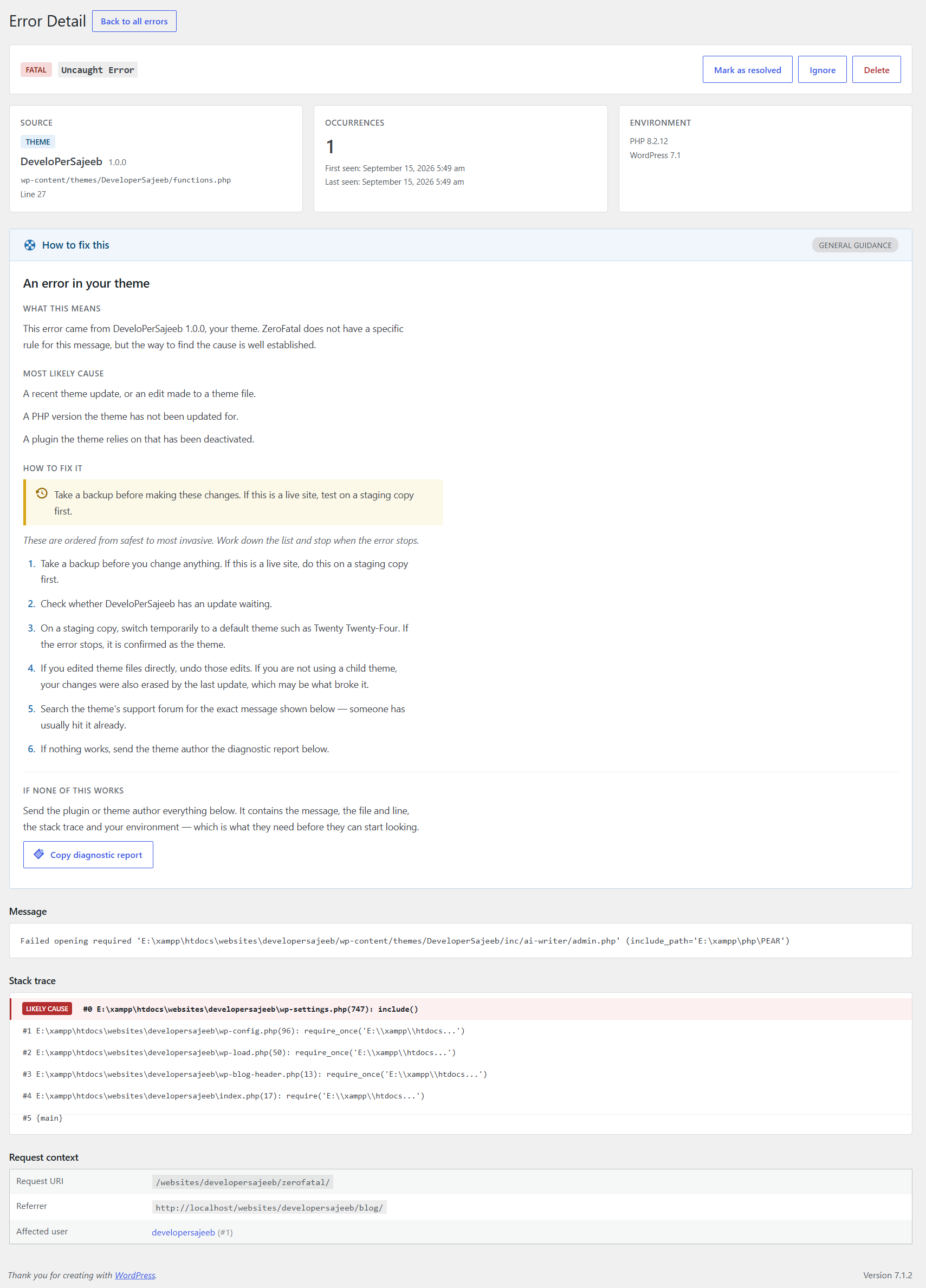 The detail screen: source, occurrence count and environment, the "How to fix this" panel with steps ordered safest first, and a readable stack trace with the likely cause marked.