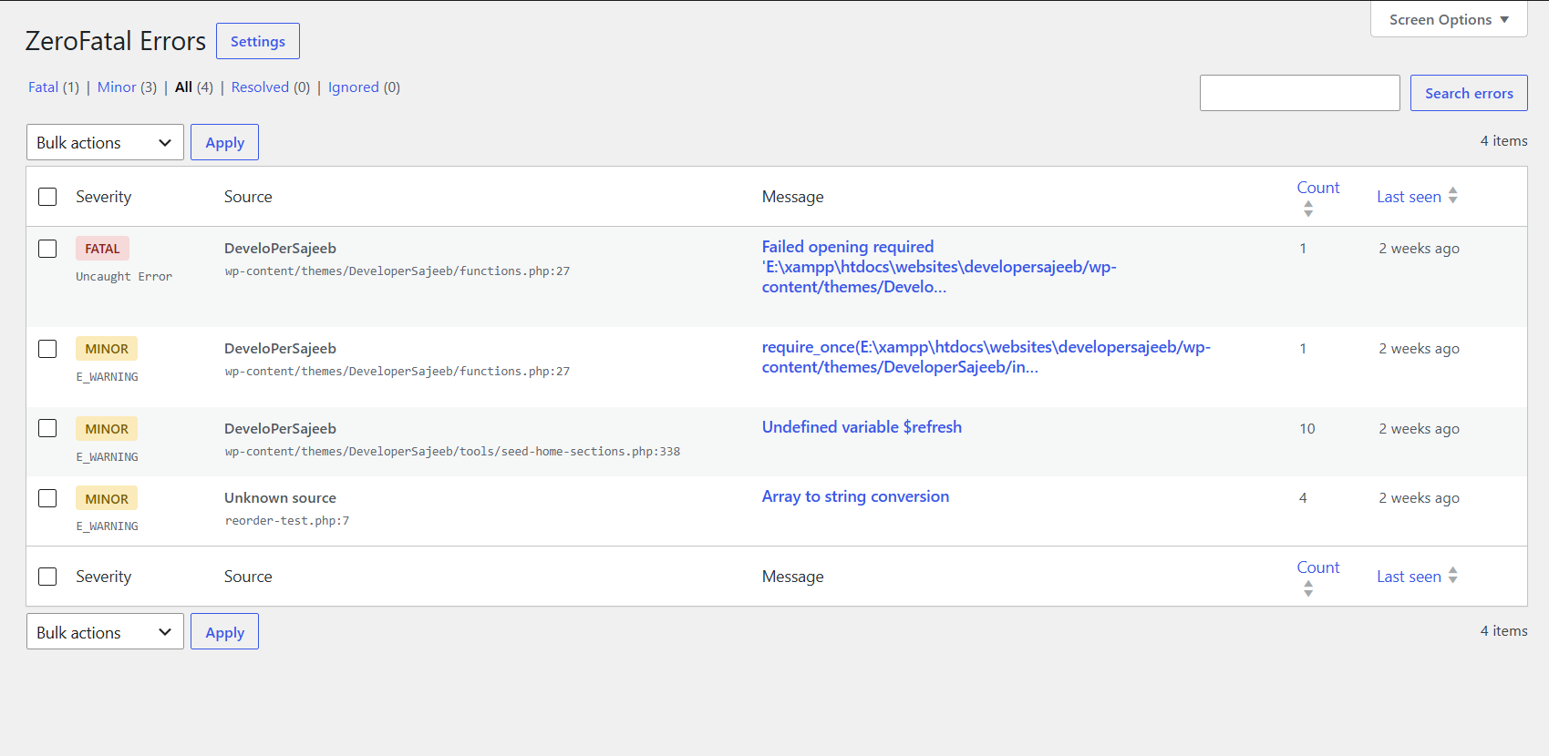 Every recorded error, fatal and minor, each attributed to the plugin, theme or file responsible.