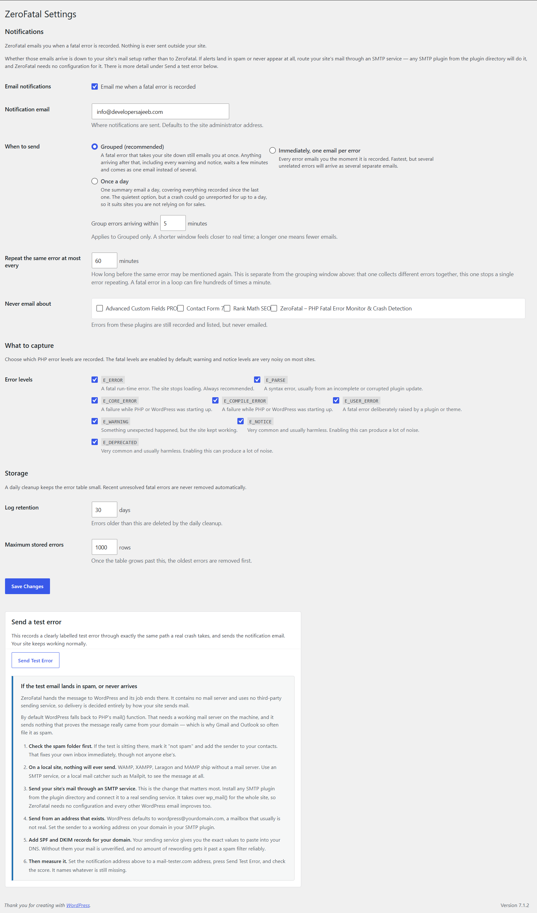 The settings screen, with plain-English explanations of every PHP error level and a one-click test error.