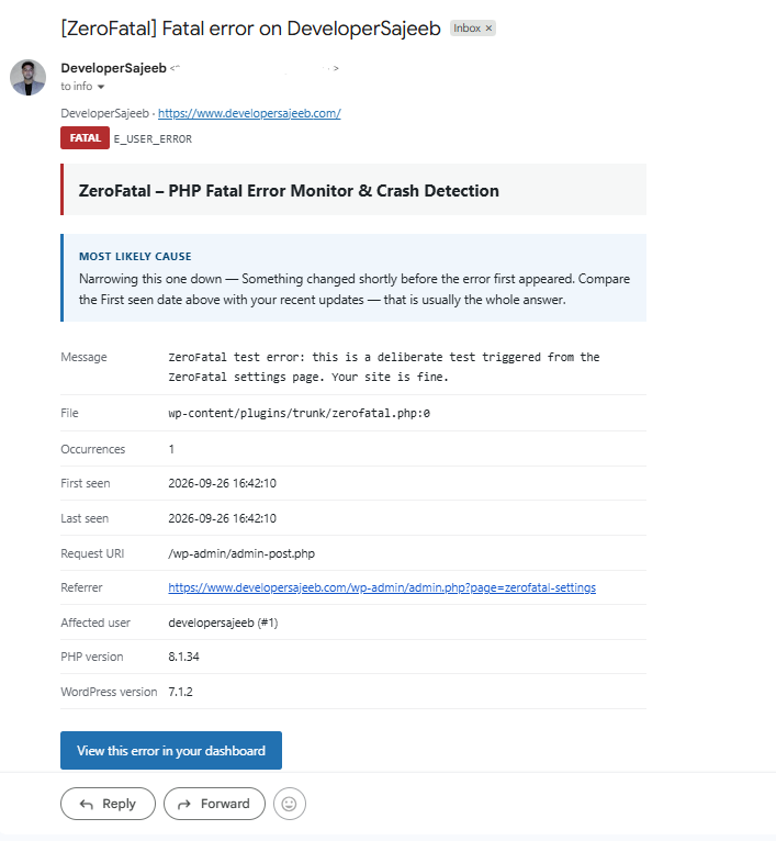 The notification email, naming the responsible plugin and its most likely cause.