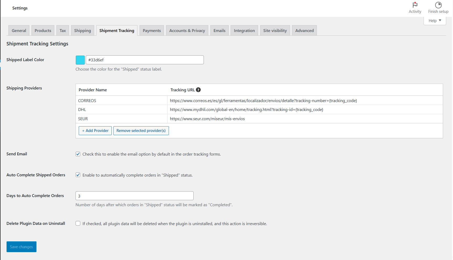 Shipment tracking settings page.