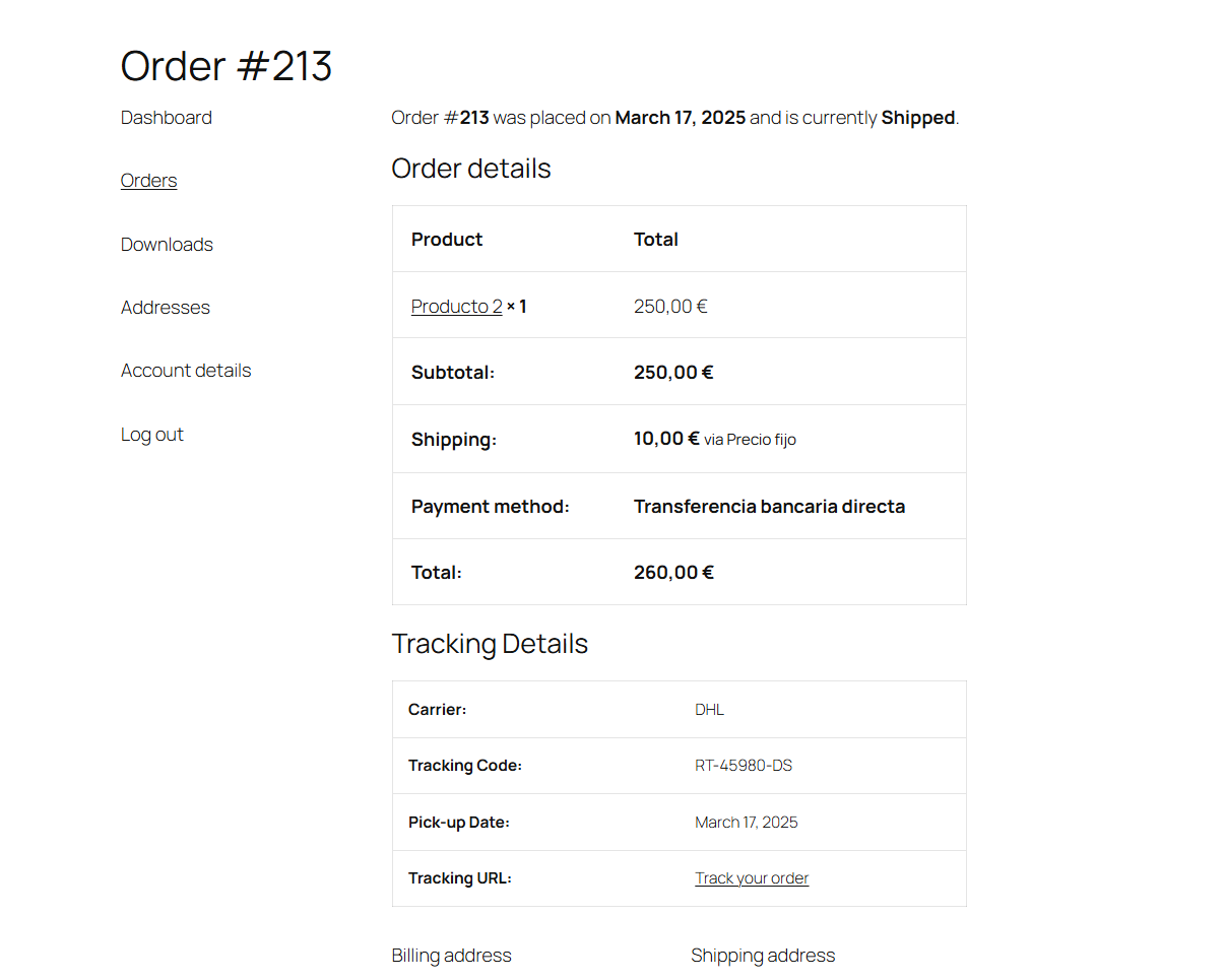 Customer order with tracking details.