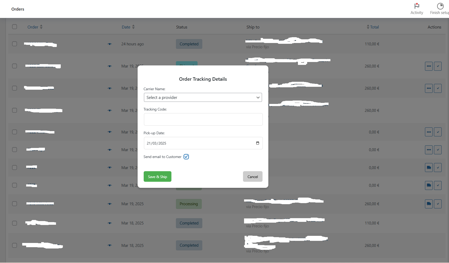 Modal form when changing from Processing to Shipped in order´s list page