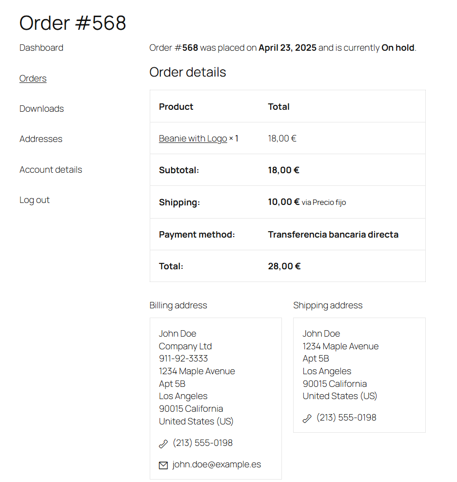"My Account" Order details showing the addresses.
