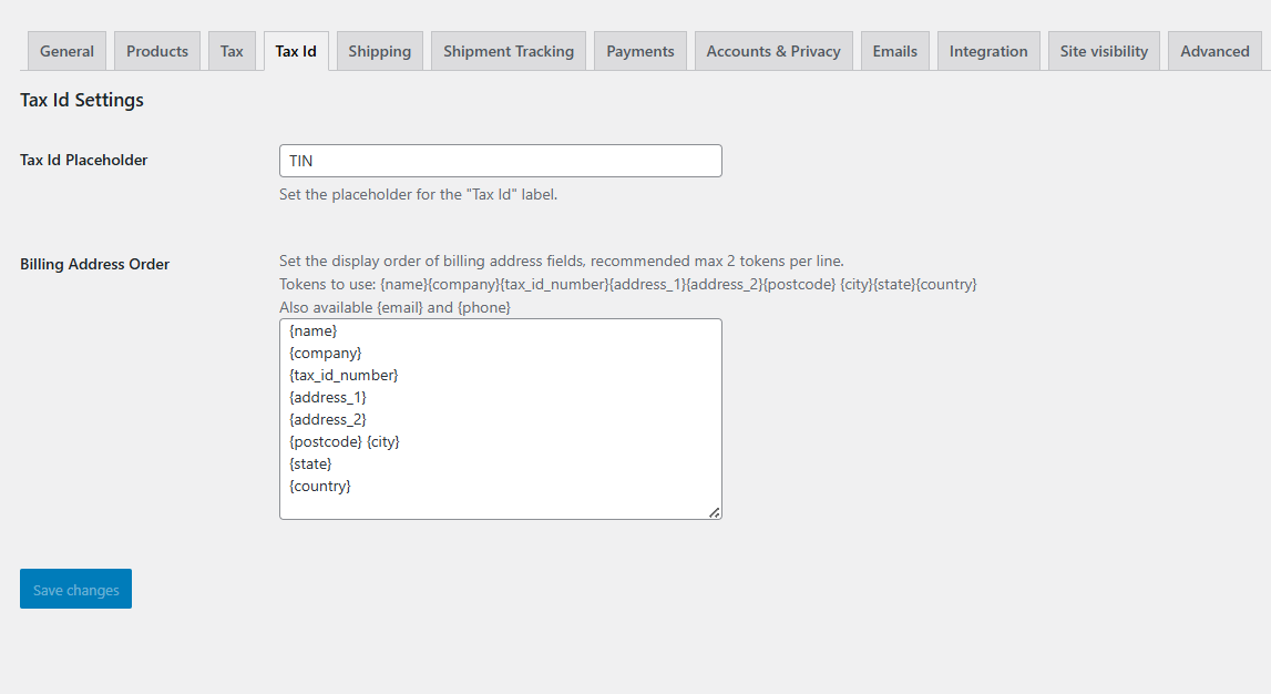 Woocommerce admin settings with the Tax Number tab