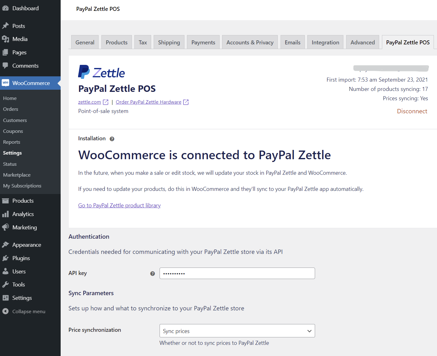 WooCommerce is connected to PayPal Zettle