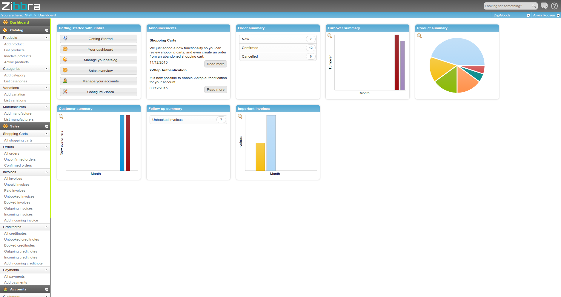 Dashboard of the My Zibbra application