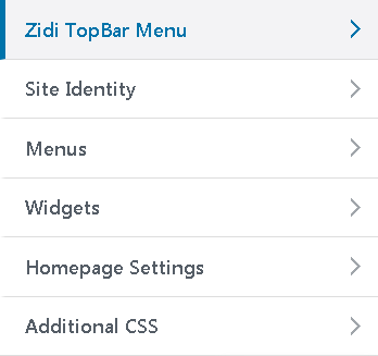 The zidi topbar menu plugin within the Customizer editor.
