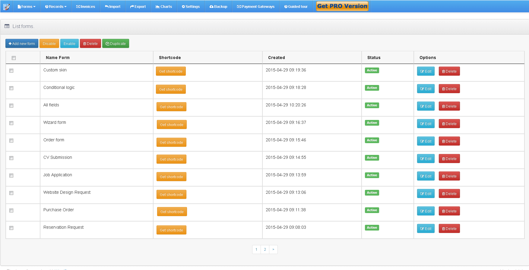 Saved forms in list