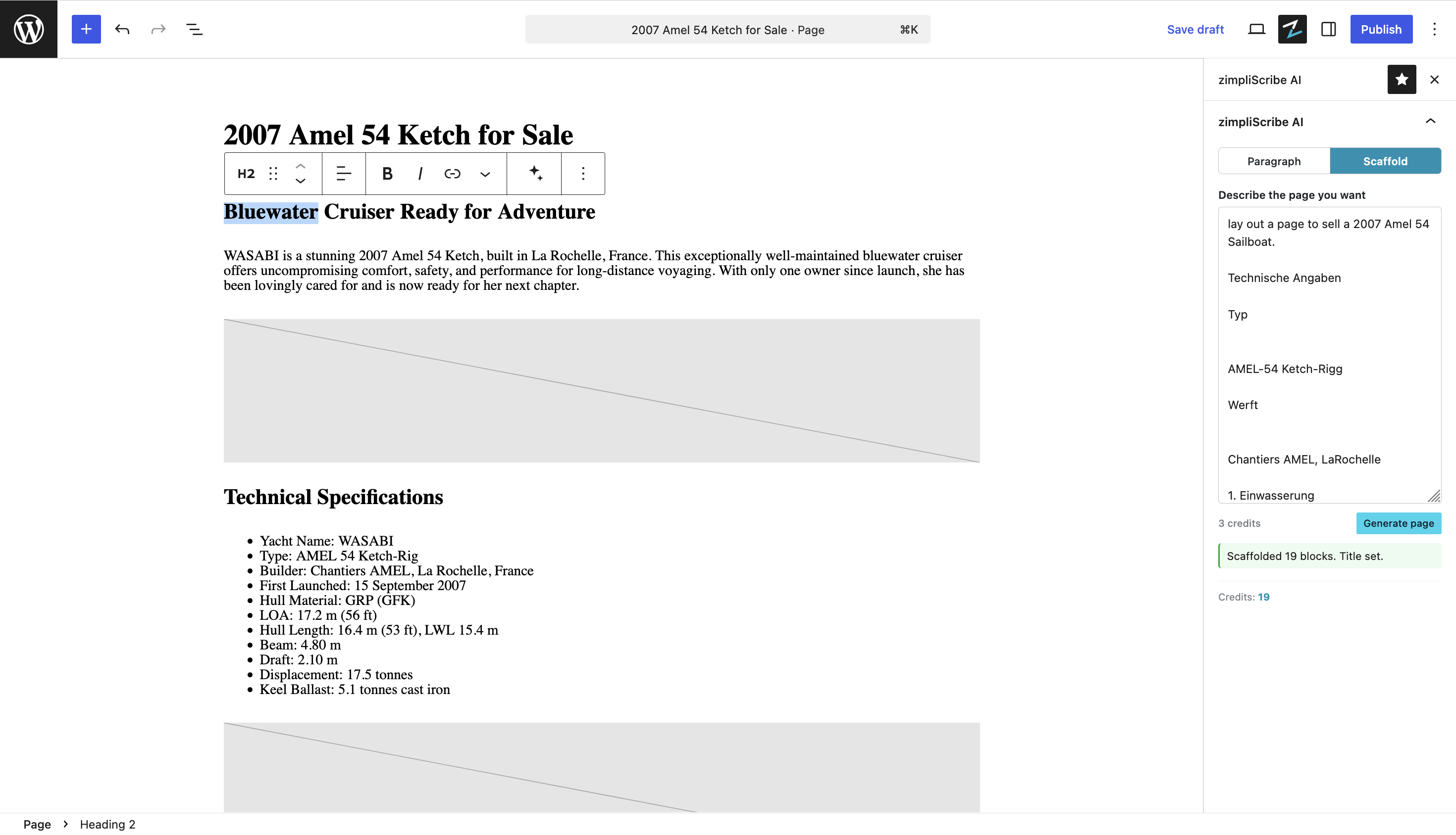 Scaffold a page — describe what you want and zimpliScribe lays out a full draft to refine in the editor.