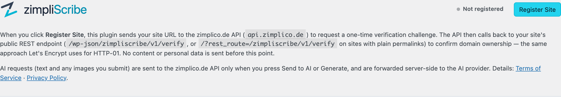 Registration flow — domain-ownership challenge, no API keys to manage.