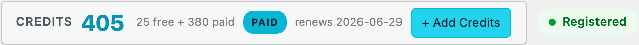 Credits widget — current balance and renewal date in the admin header.