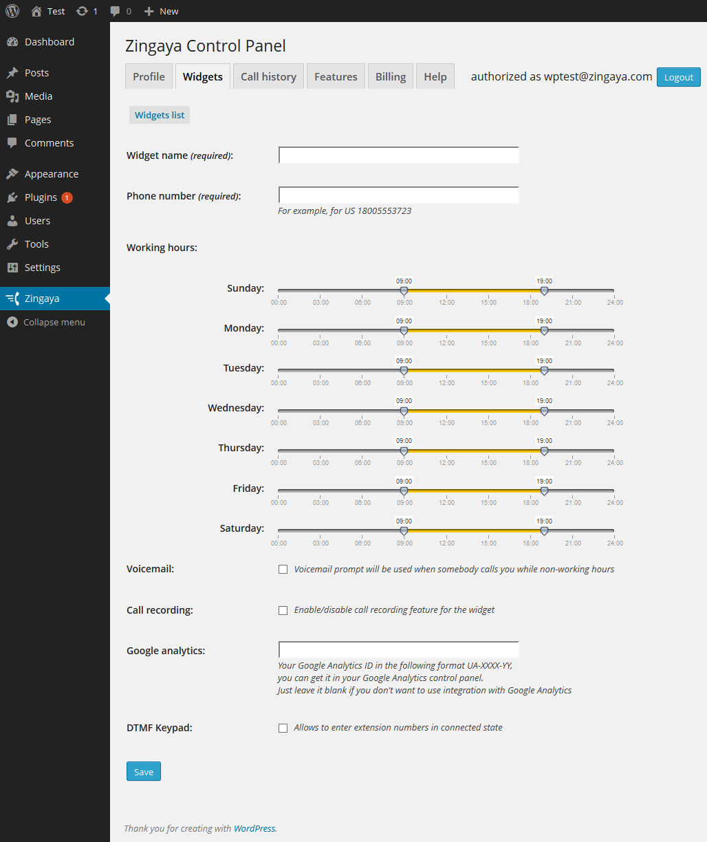 Zingaya create widget form