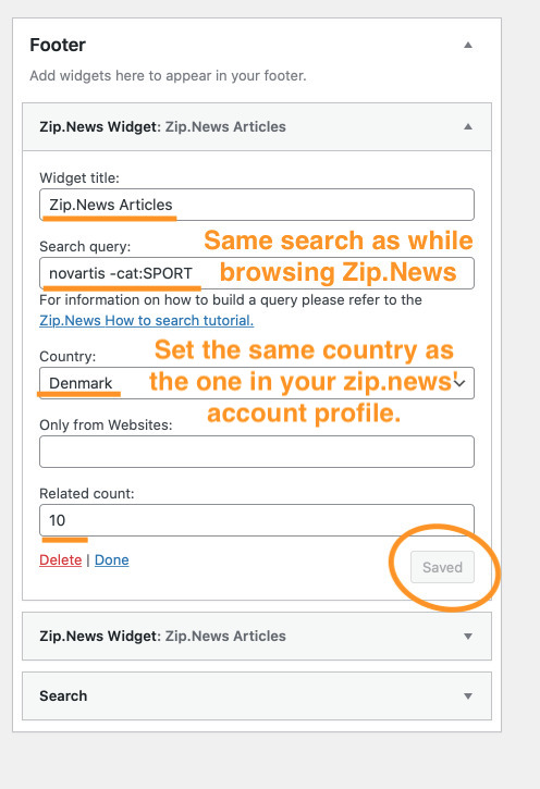 The articles shown on each widget might be different, so per widget configuration is needed in order to support multiple search terms/queries.