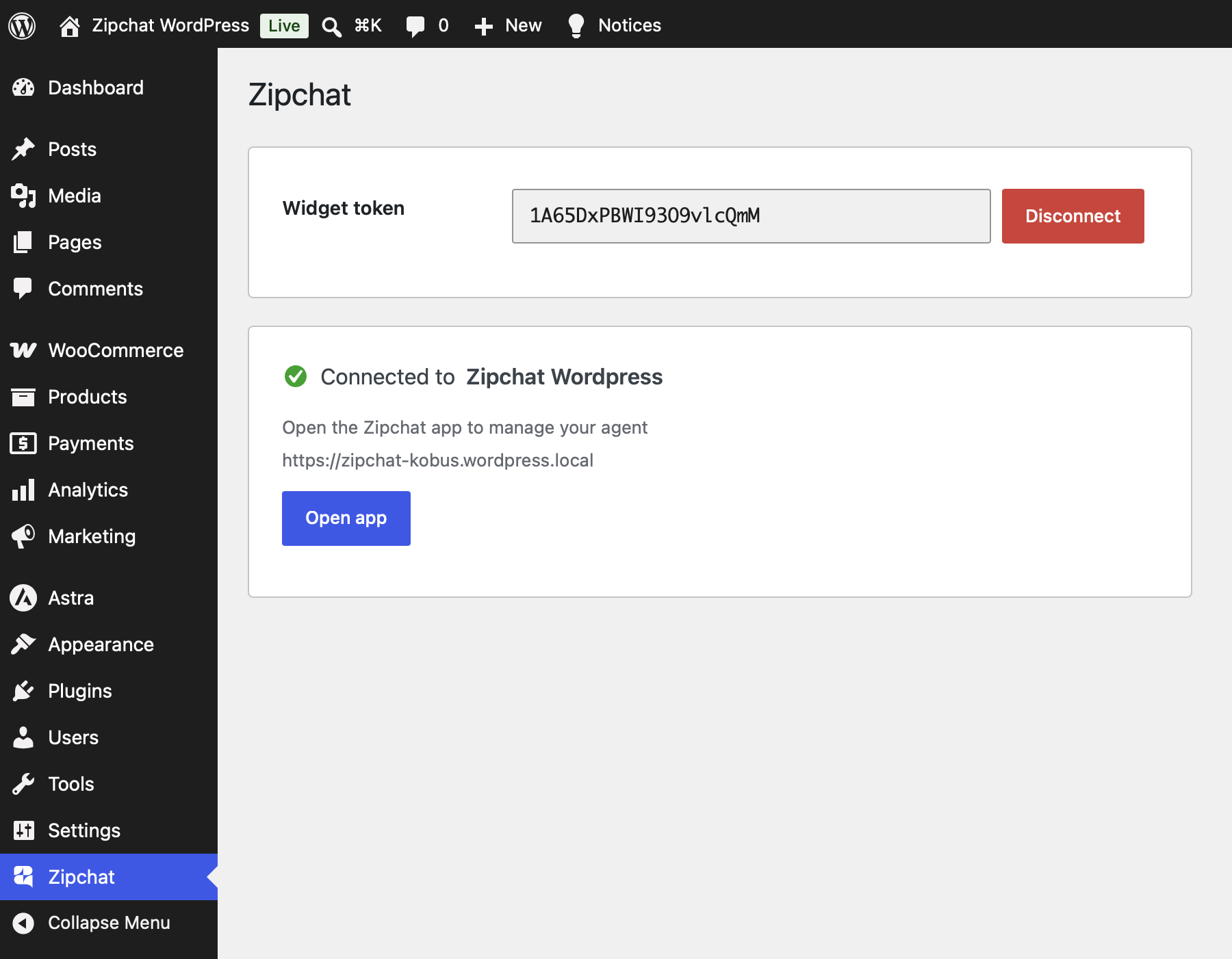 Once connected, the settings screen shows your agent's status and links straight to the Zipchat app to manage it.