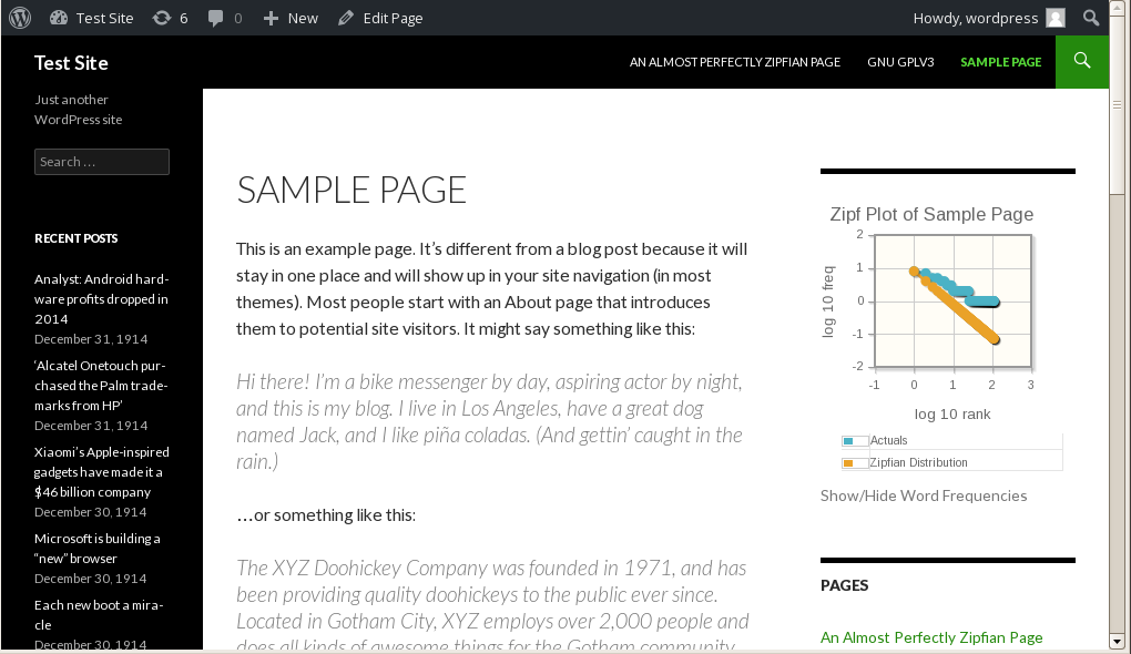 The familiar "Sample Page," which starts out fairly Zipfian, but as a significant number of words are used only once, ends in a very flat, un-Zipfian fashion.