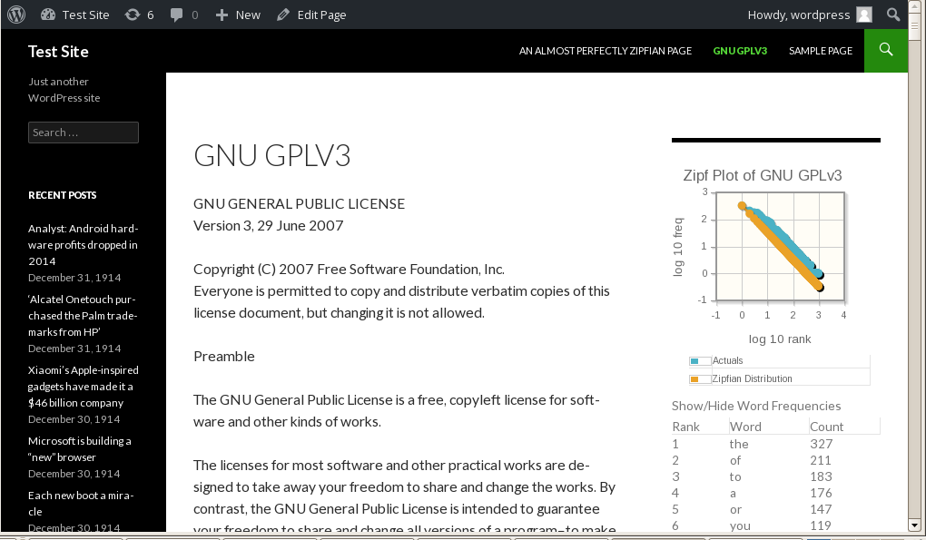 Turning the GPLv3 license into a page with Zipfstats enabled, we can see how a much larger text corpus yields a plot much closer to a Zipfian distribution, as expected.