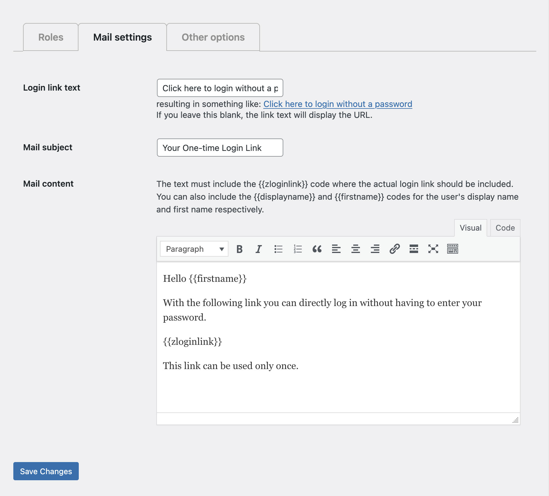 Mail settings section where you can customize the mail that will be sent to the user when a One-time Login Link is created.