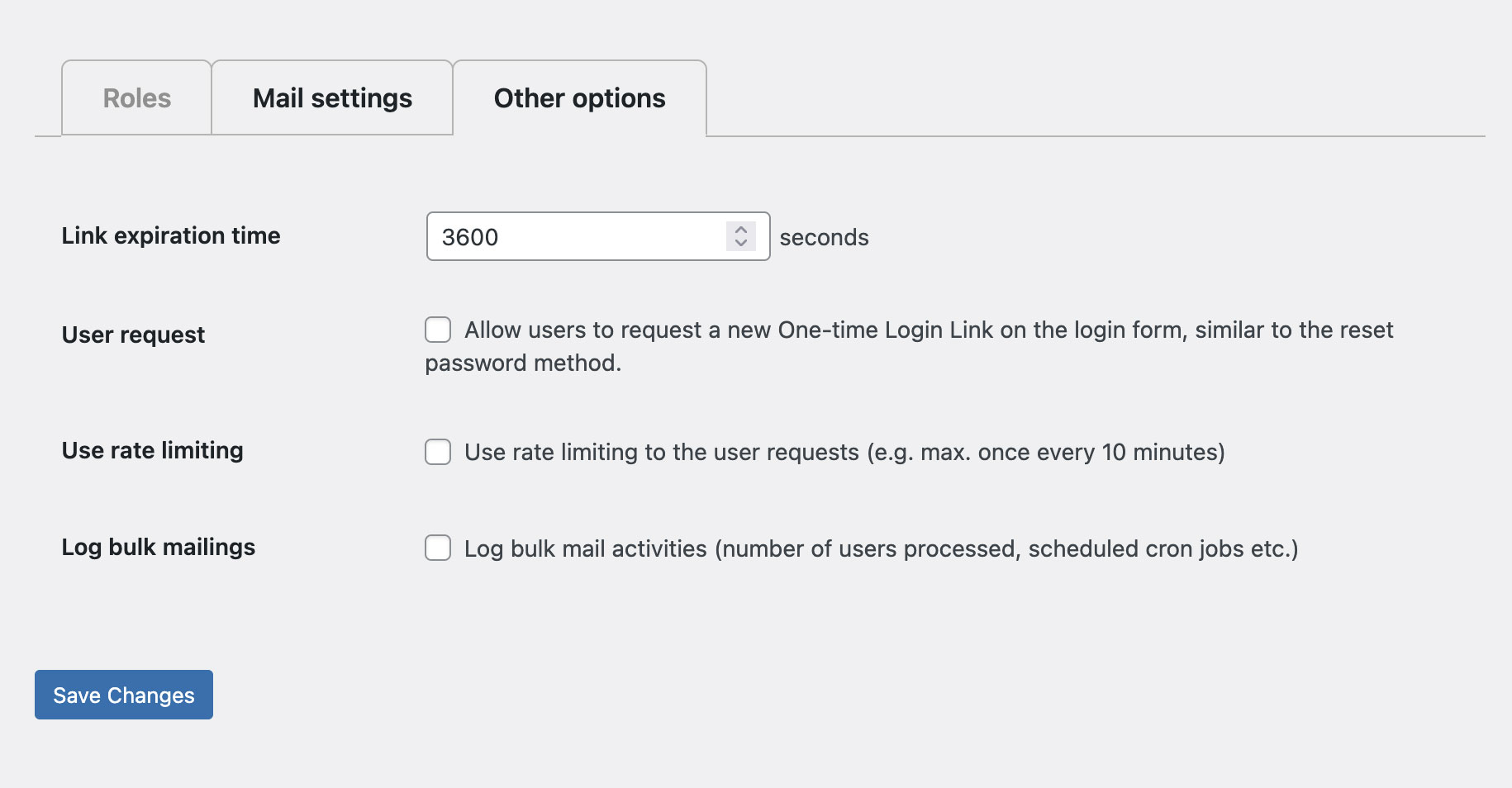 Other options for customizing the plugin, like the Link expiration time, whether or not users can request a link themselves and settings for the rate limits for these requests.