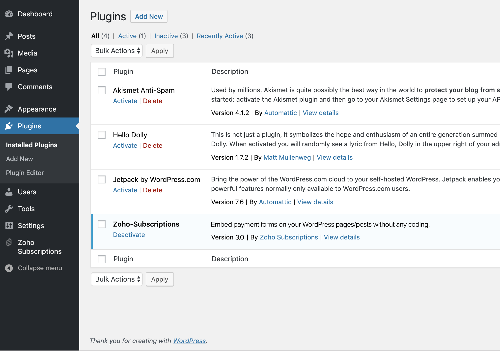 Zoho Subscriptions plugin displayed in the WordPress plugins list