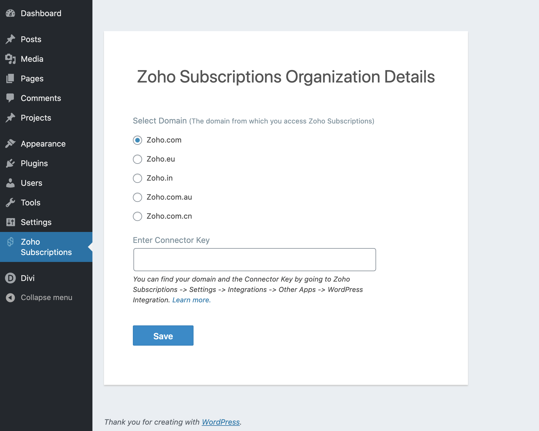 Zoho Subscriptions plugin account details page