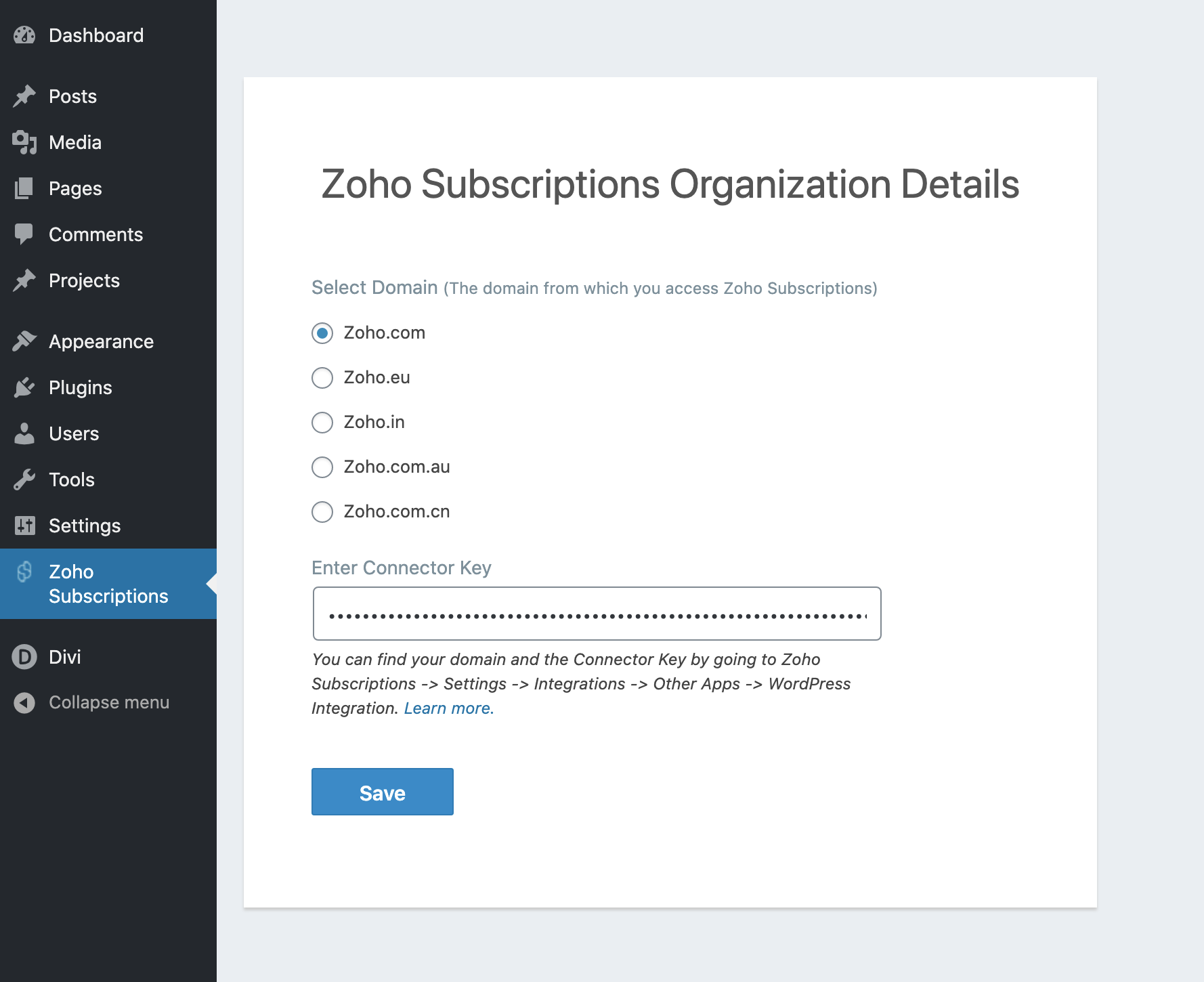 Zoho Subscriptions account details page with connected organization