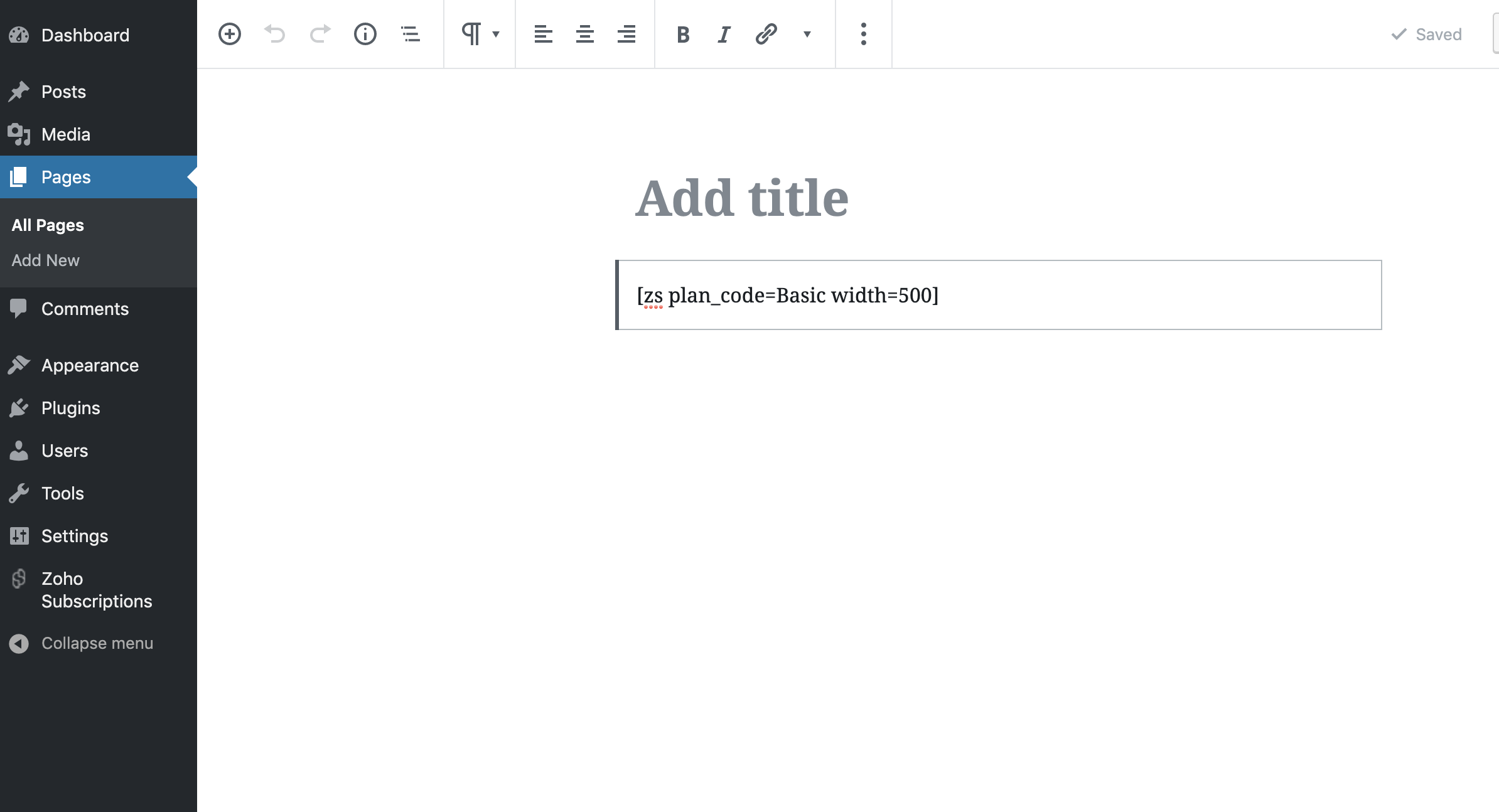 Zoho Subscriptions shortcode added in the page editor with the plan_code as "Basic" and width as "500"