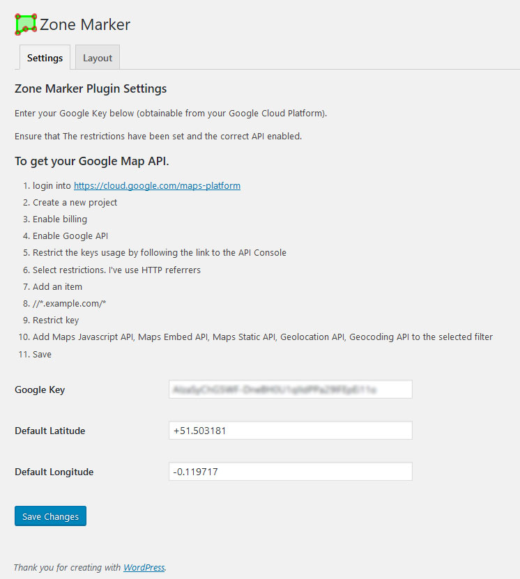 The backend Settings screen