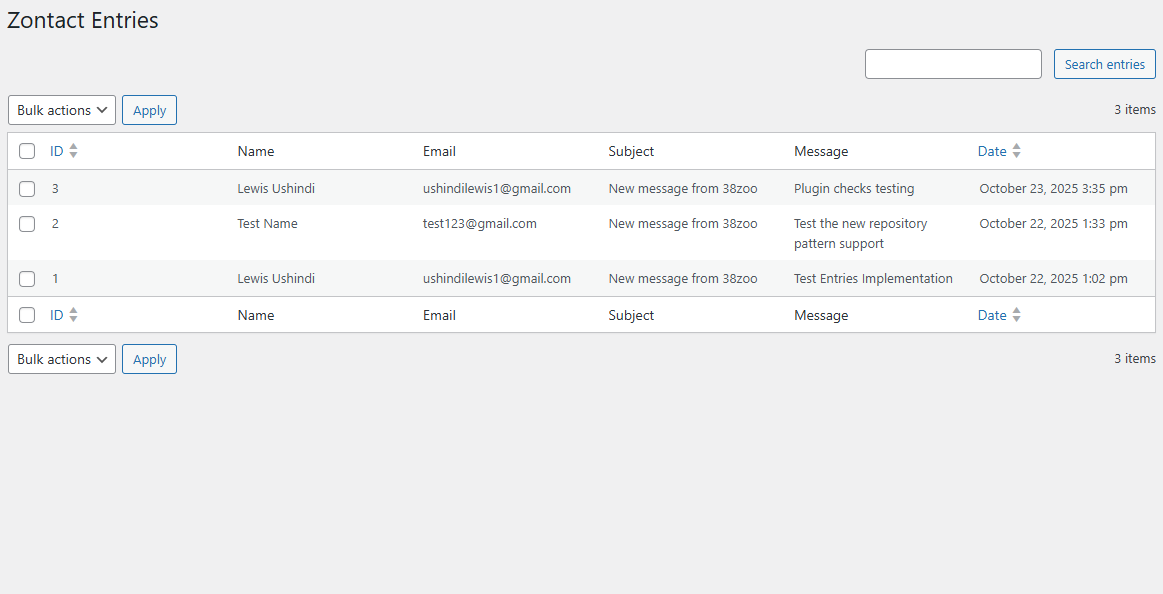 Entries list showing submitted messages