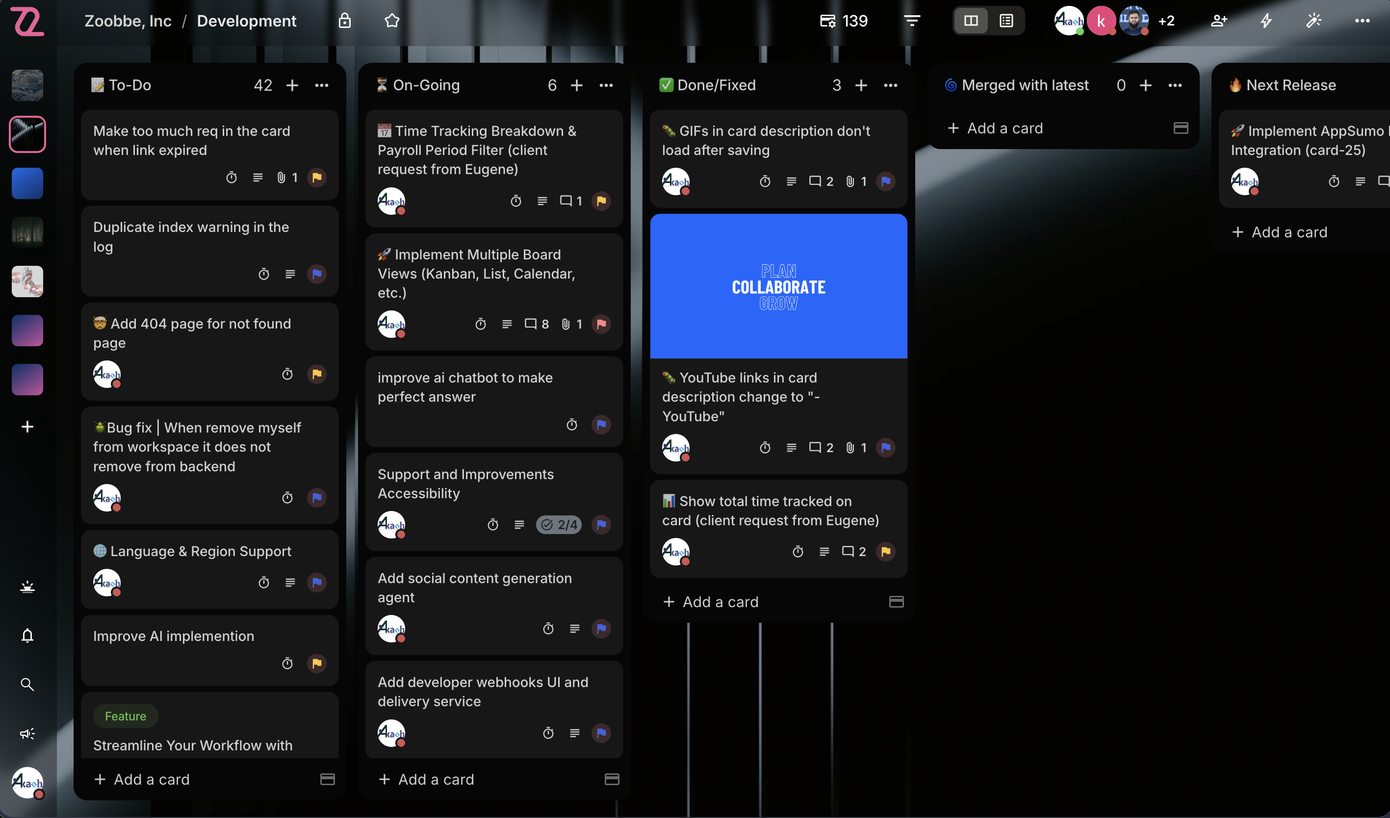 Kanban board view with drag-and-drop cards, lists, labels, priorities, and assignees.