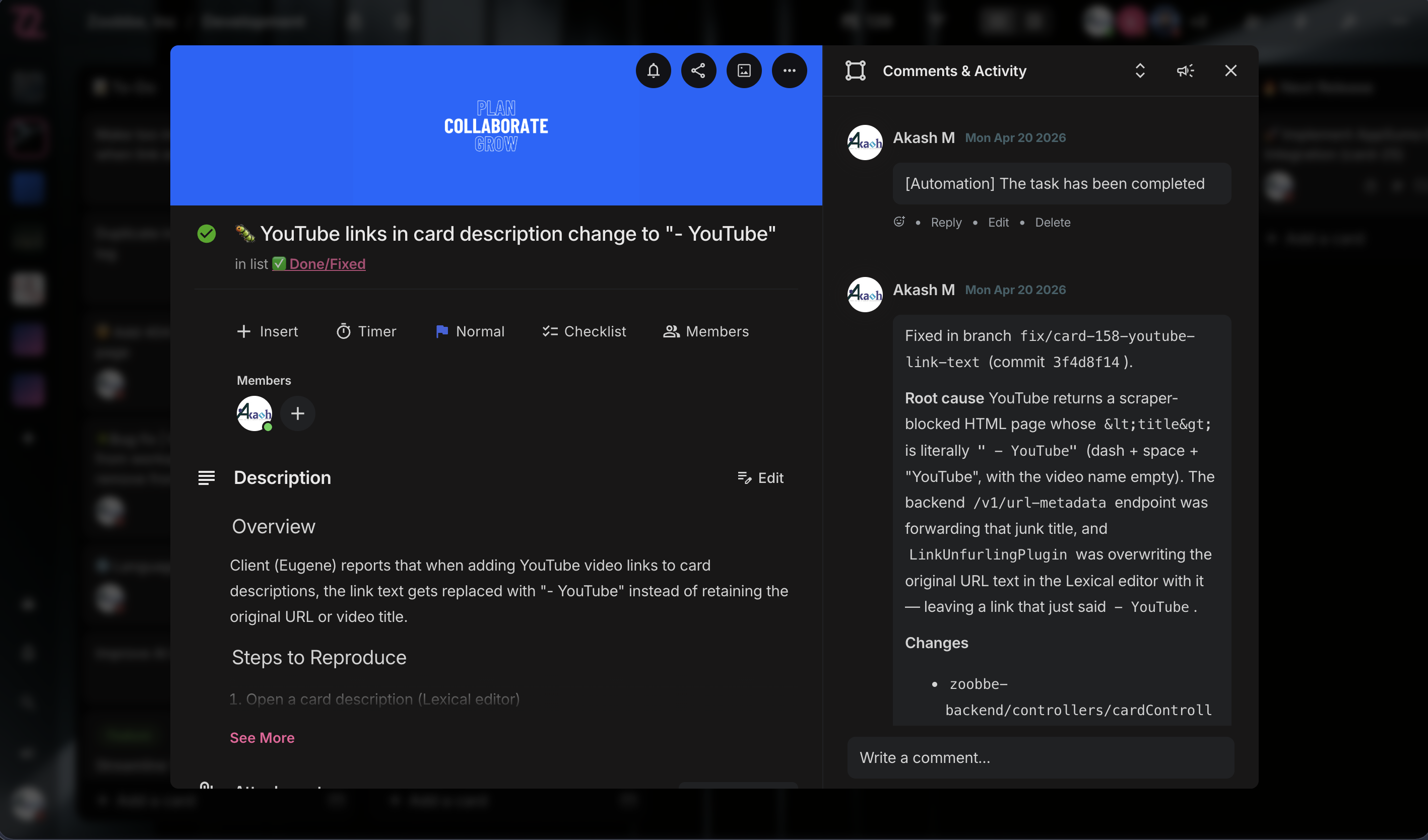Card detail modal with rich-text description, comments, activity log, and automation events.