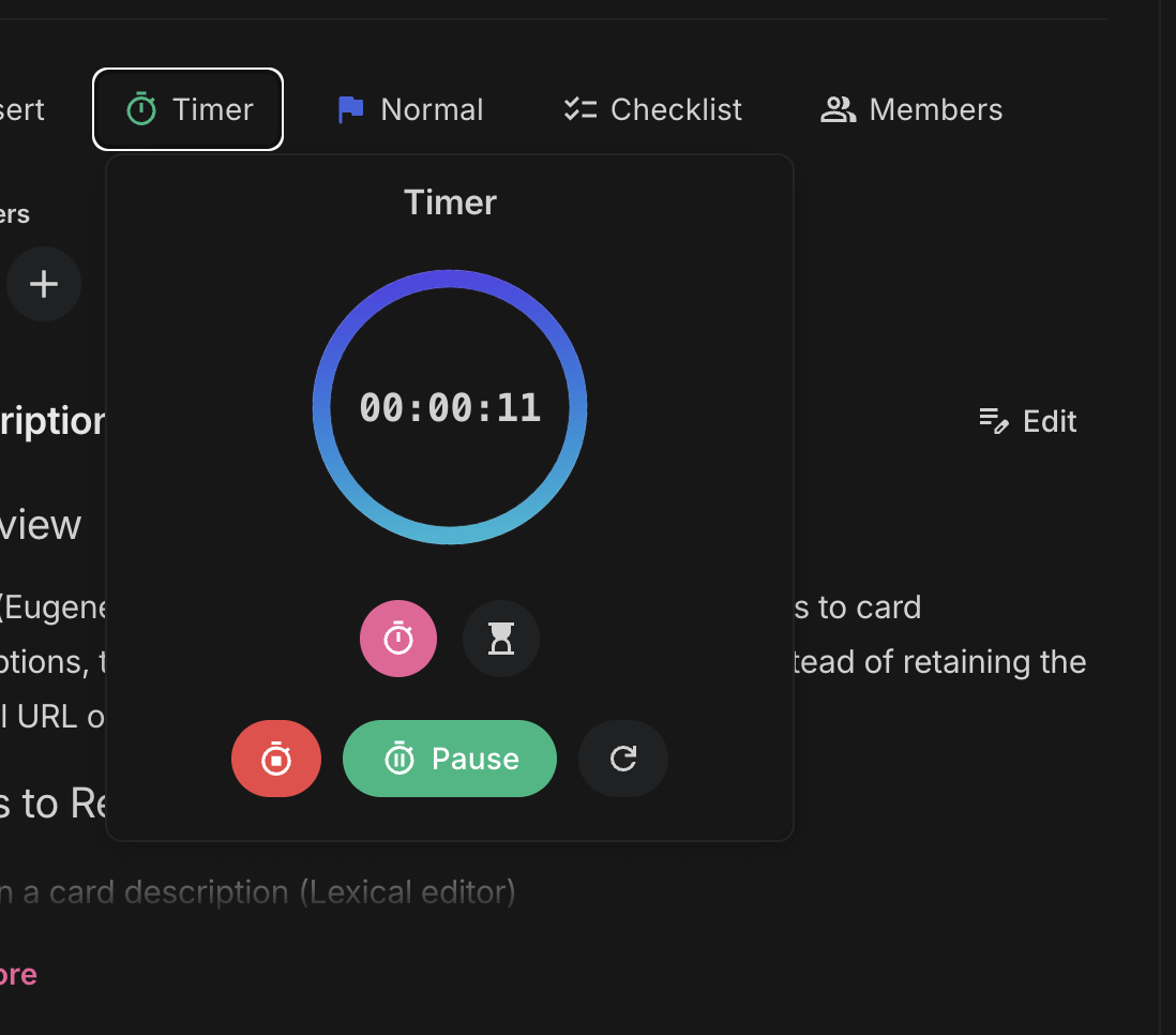 Built-in timer for tracking time spent on any card without leaving WordPress.