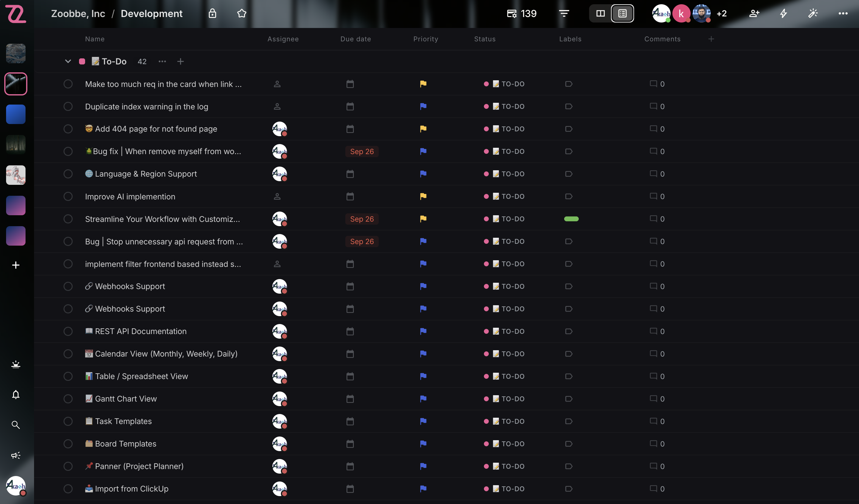 List (spreadsheet) view for linear task management with sortable columns and inline editing.