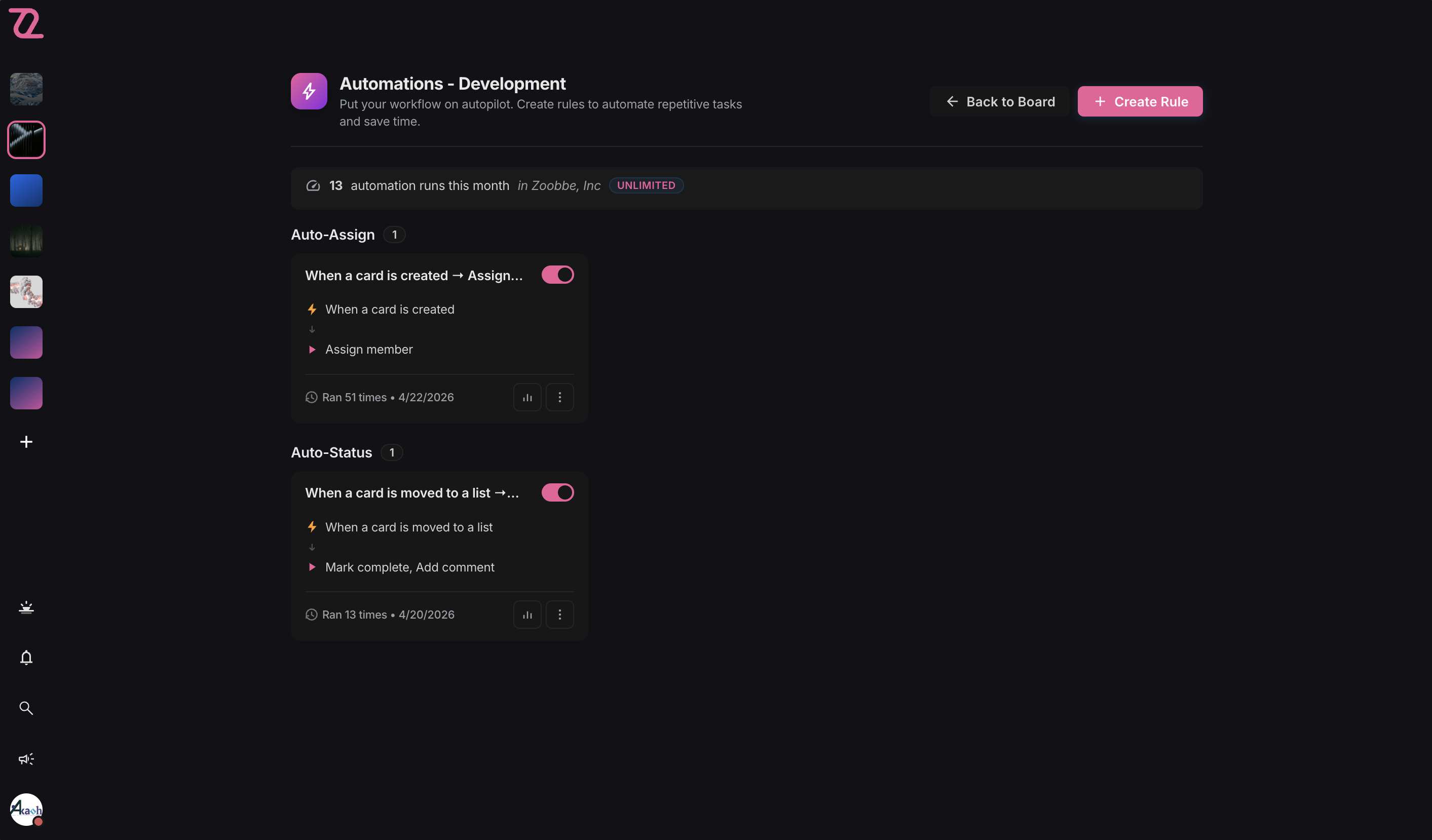 Automations — rule-based workflows that auto-assign, move, and update cards on triggers.