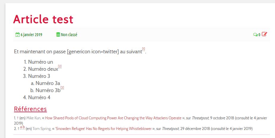 The corresponding post (in the new WordPress Editor). The 1st reference is used once, the 2nd twice (with a reference name).