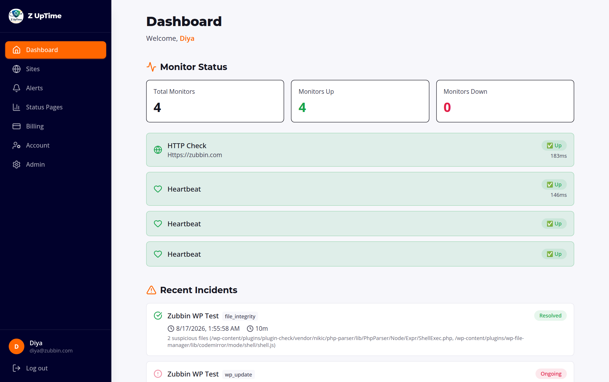 Your whole fleet at a glance in the Zubbin dashboard: every monitor's live status and response time, with recent incidents.