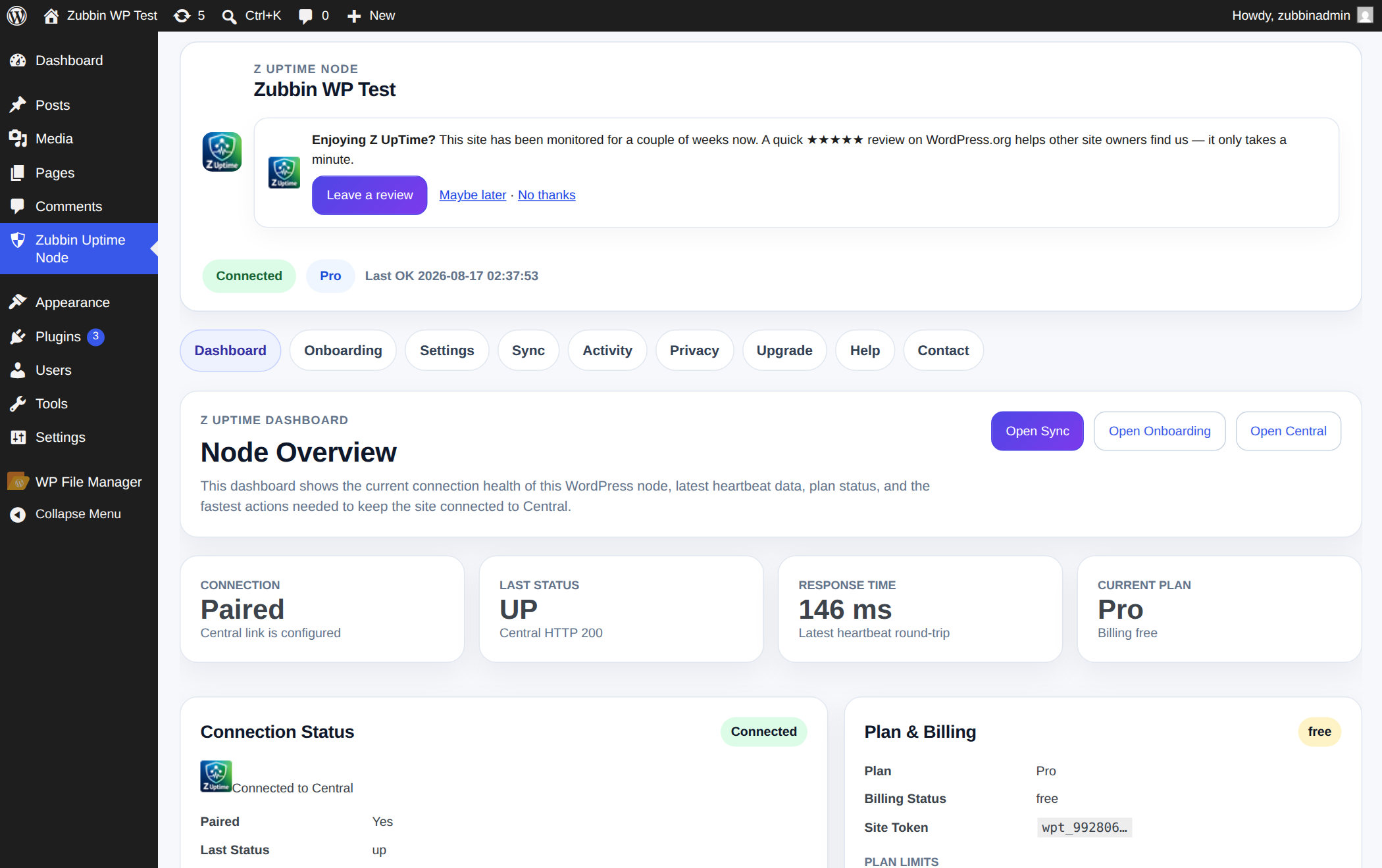 The connection screen in wp-admin — pairing status, last check, response time, and your plan.